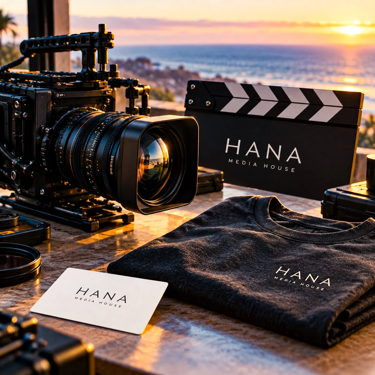Conceptual HANA brand artwork featuring a cinema camera, branded clapperboard and coastal sunset; not a photograph of our office or equipment